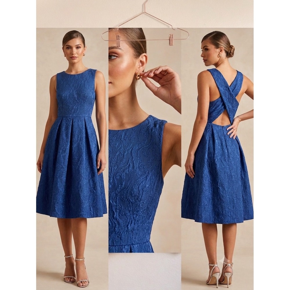 Eva Franco Cocktail Dress Womens 4 Blue Jacquard Criss Cross Back Fit & Flare